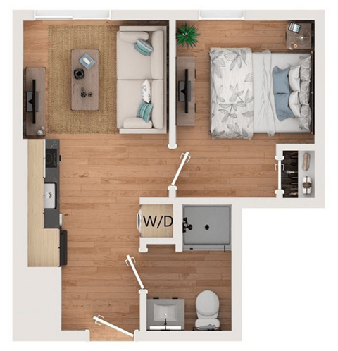 Floor plan for 1 bed, 1 bath, 358 sqft